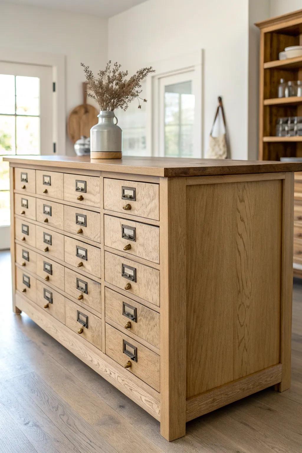 A card-catalog island with a thick wood top—apothecary charm and serious prep space.