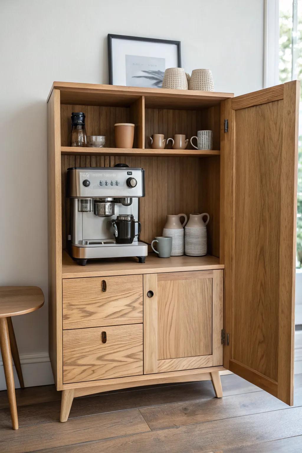 A calm, built-in coffee station cabinet—open shelves for mugs and space to brew with ease.