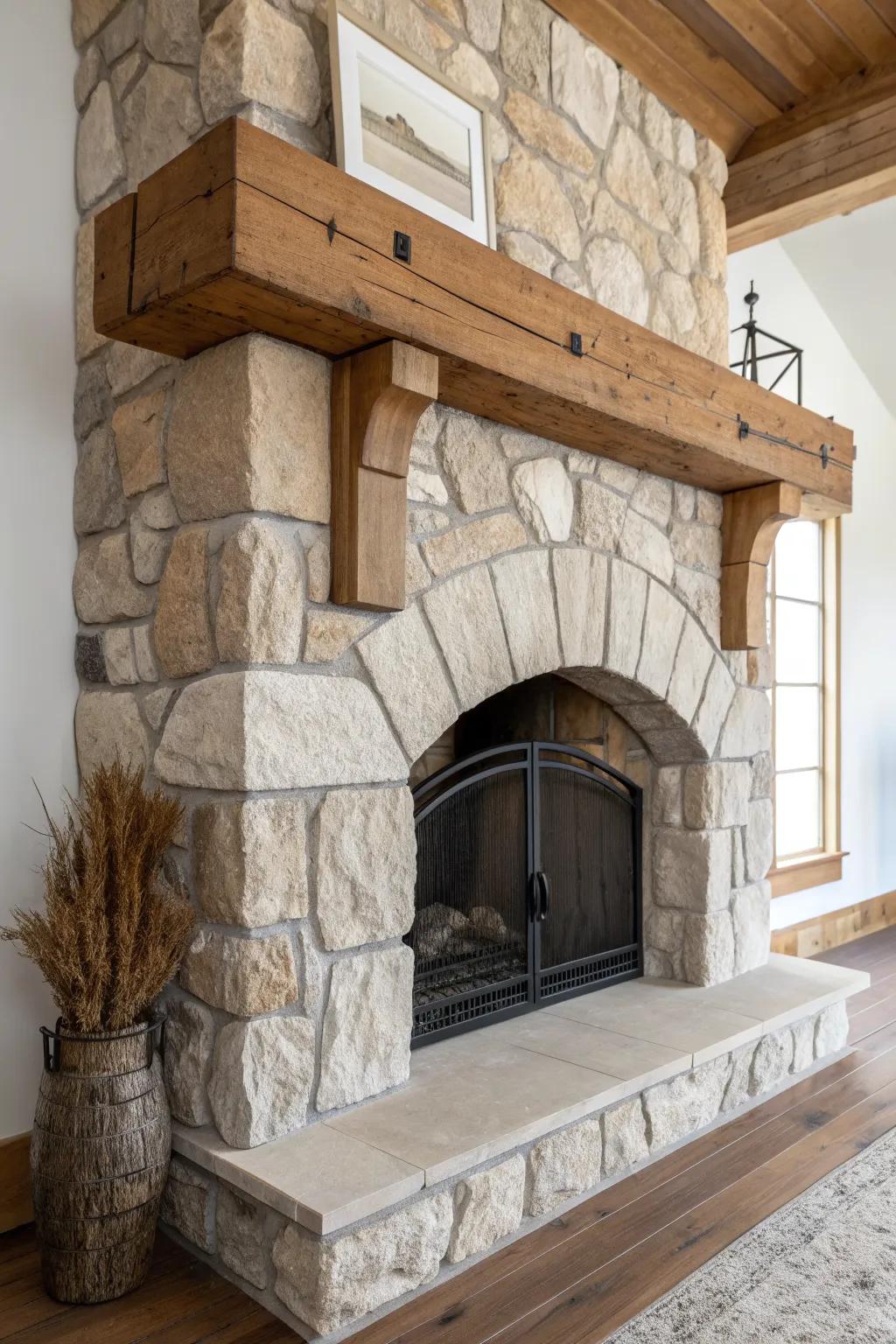 Rustic stone arch + chunky timber mantel: cabin warmth with clean, minimalist contrast.