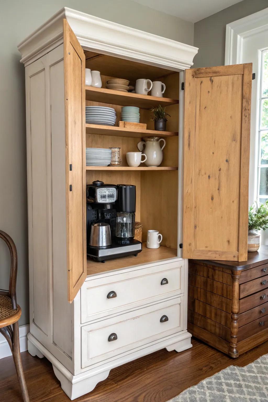 Painted outside, warm wood inside—an armoire coffee bar that feels like a cozy café nook.
