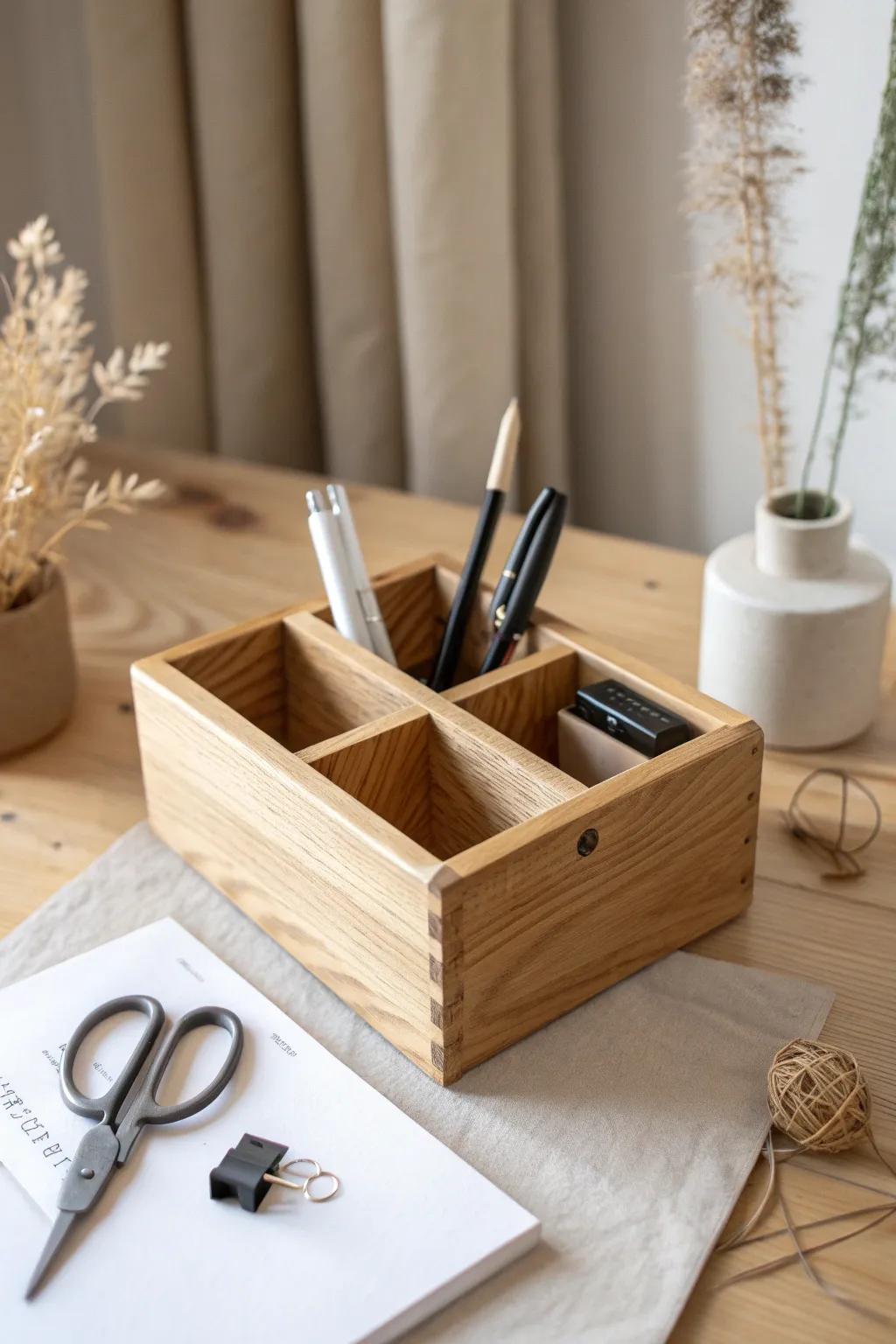 A simple wooden desktop caddy keeps pens, scissors, and glue upright, visible, and beautiful.
