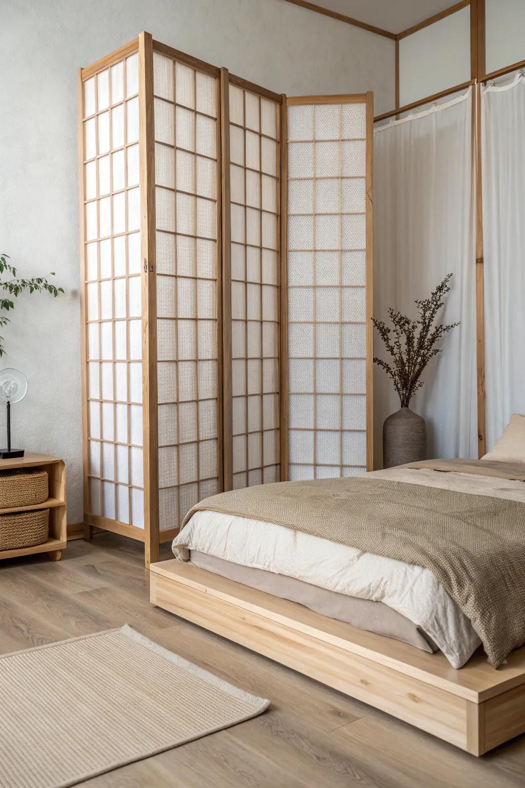 Shoji-style wood screen adds a light, structured headboard look—minimal, warm, and serene.
