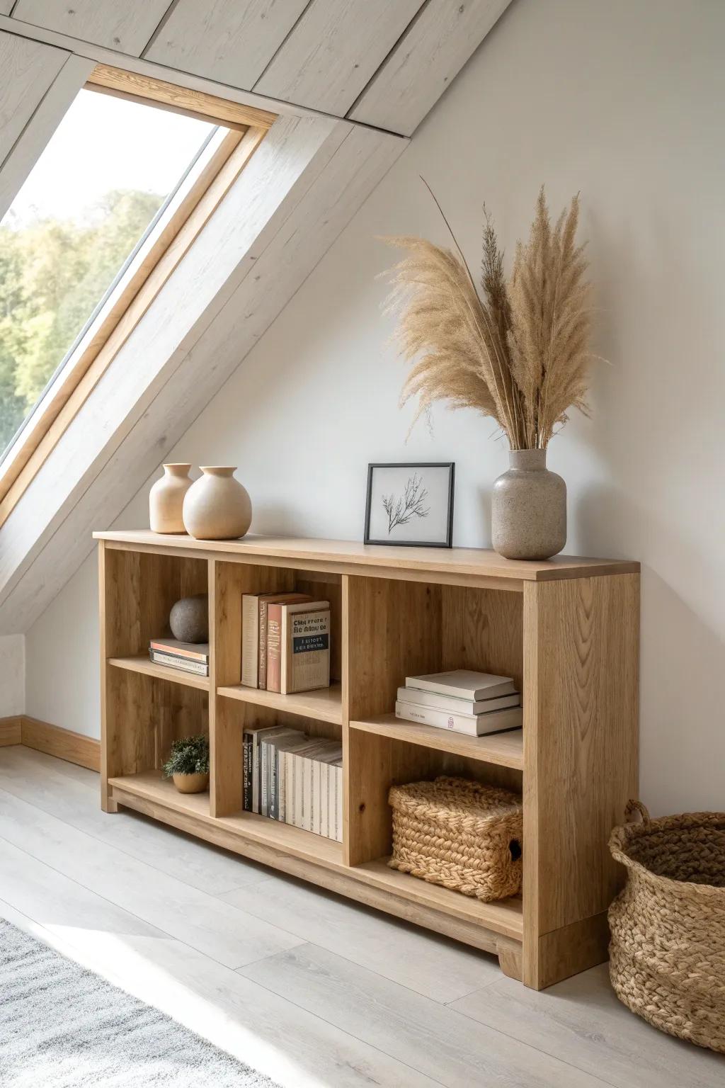 Low knee-wall shelves: a seamless built-in bookcase that hugs the slope and feels custom.