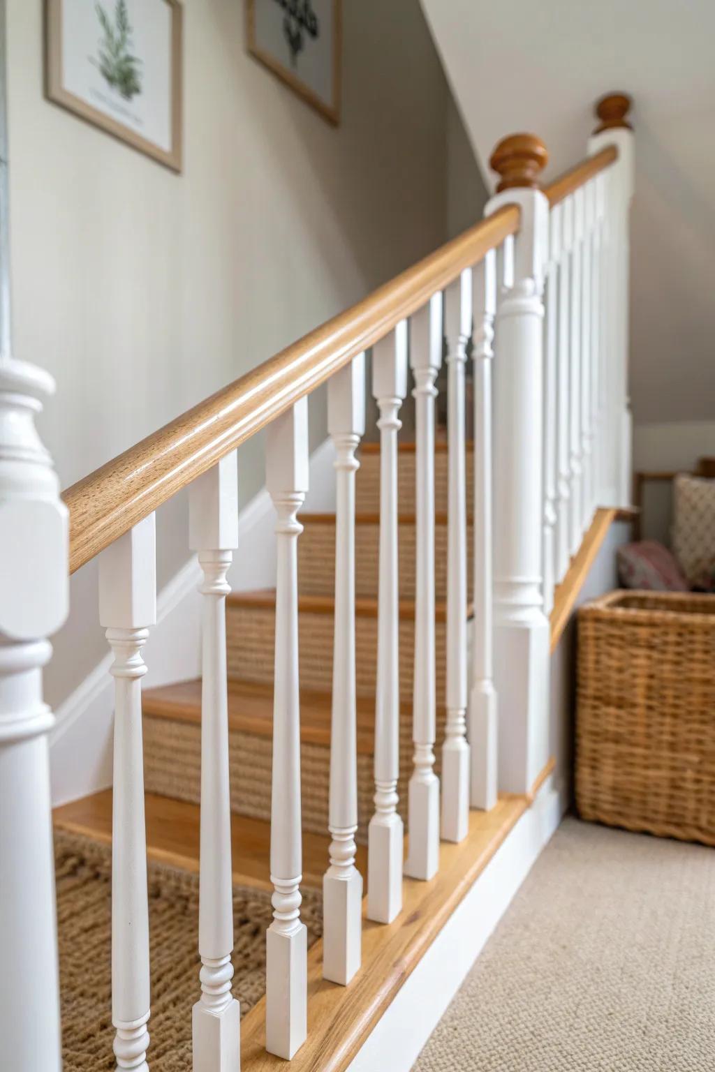 Bright white spindles with a warm stained cap—an attic railing that feels cozy and crafted.