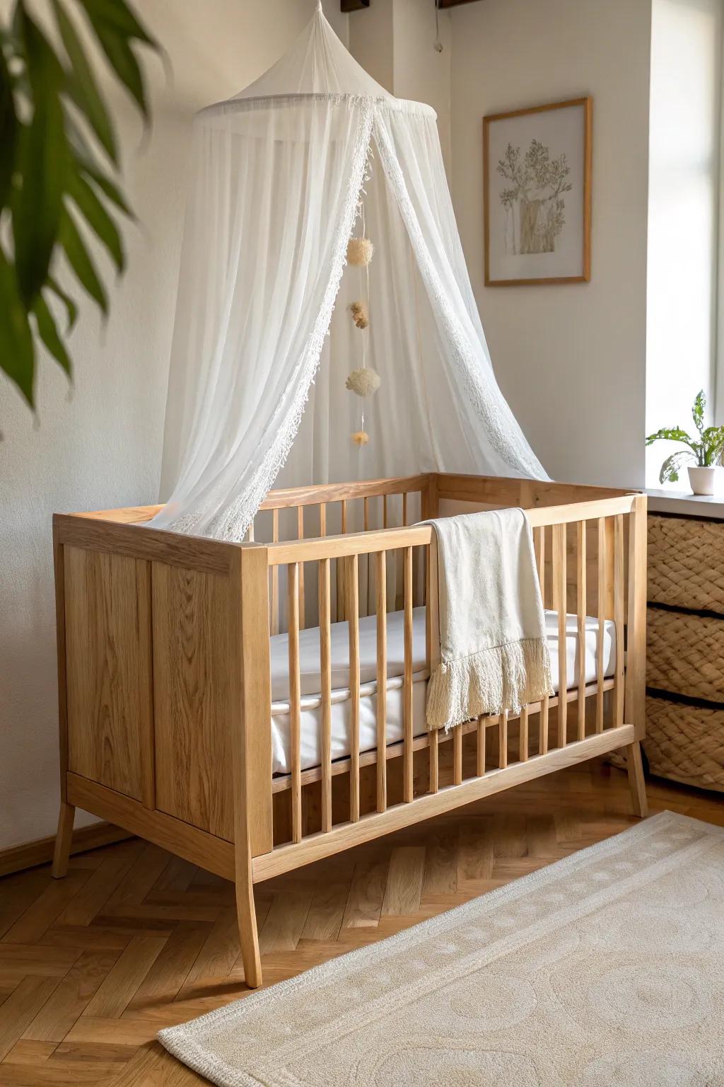 Airy sheer canopy over a handcrafted oak crib—minimal, calm, and beautifully boho nursery.