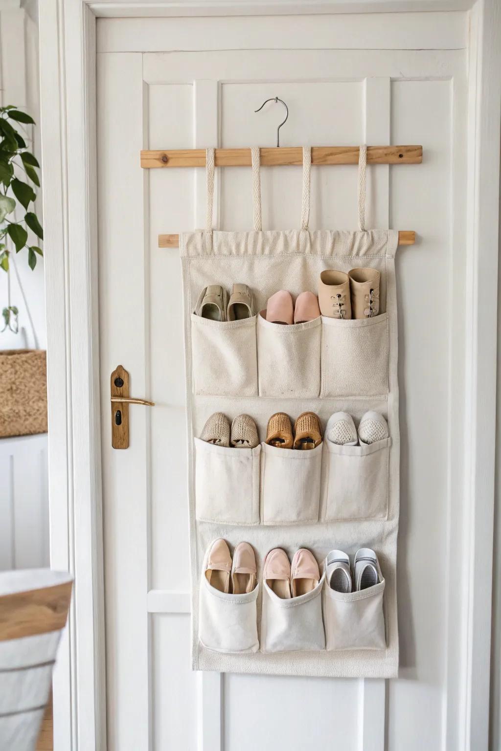 Space-saving baby shoe storage: an over-the-door pocket rack upgraded with a smooth wood dowel.