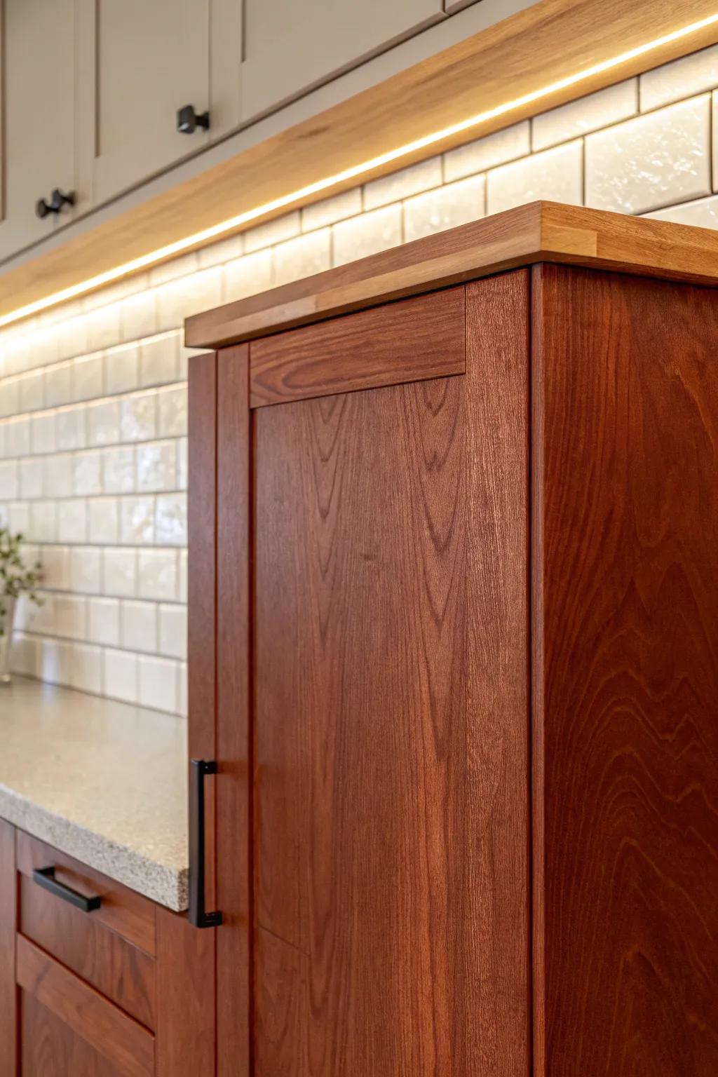Creamy handmade-look tiles + cherry wood glow: warm contrast that shines under cabinet lighting.