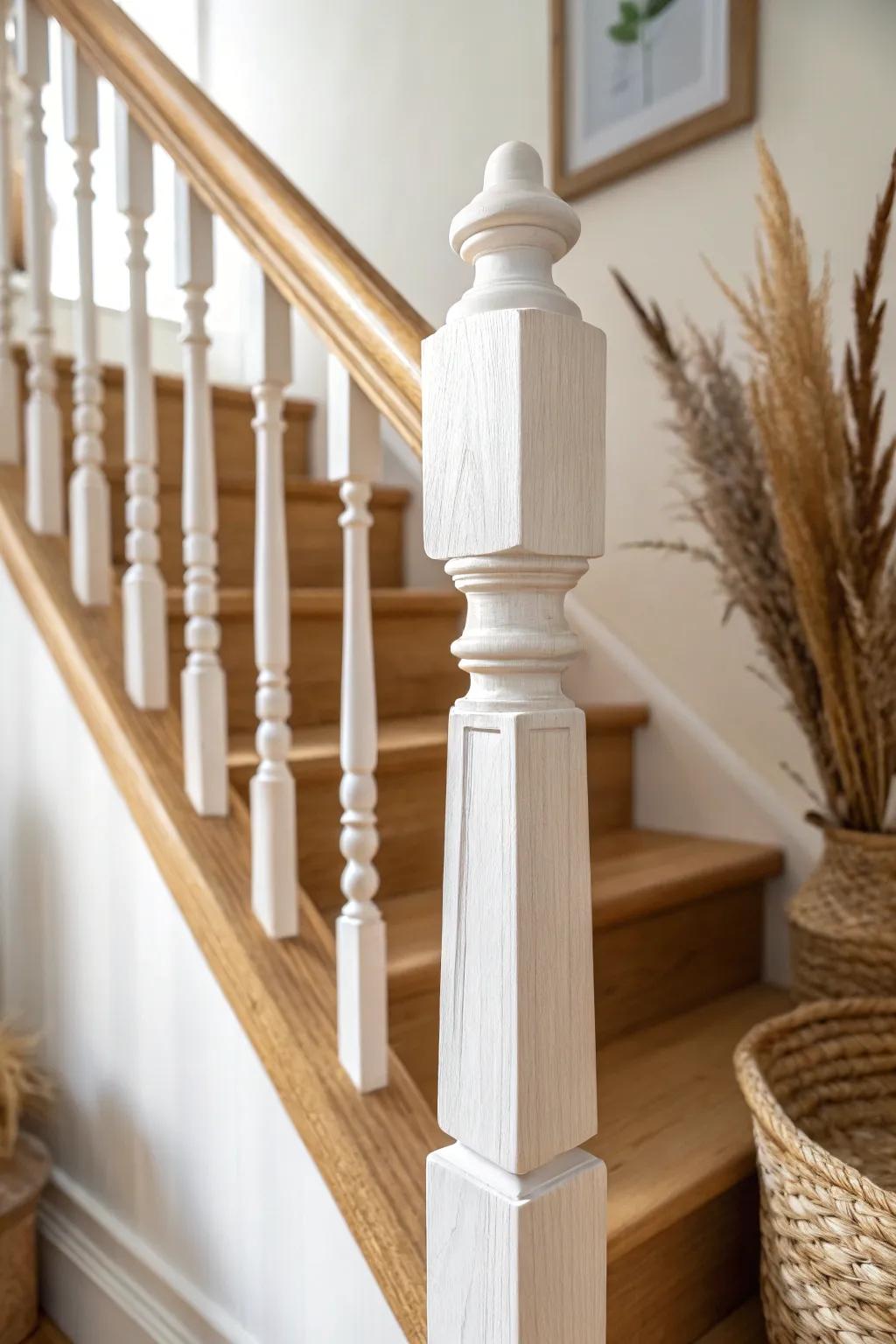 Crisp white painted balusters against warm stained steps for a bright, airy stair refresh.