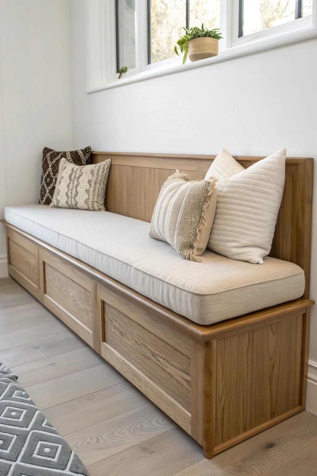 Warm oak built-in breakfast nook bench with a slim back ledge—cozy, minimal, handmade.