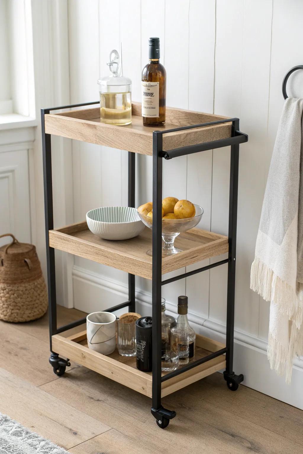 Rolling bar cart with chunky wood shelves, locking casters, and a side towel bar—sleek and practical.