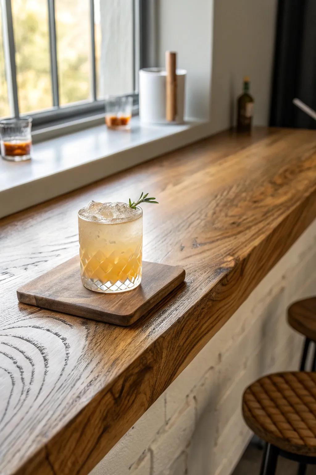 Satin epoxy gives your bar top a soft, durable glow that hides smudges beautifully.