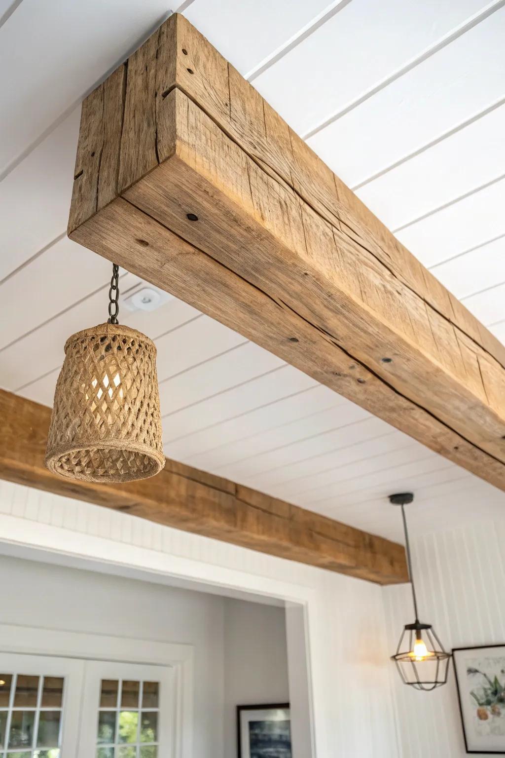 Lightweight rustic charm: a hollow box beam that brings barn character to a bright ceiling.