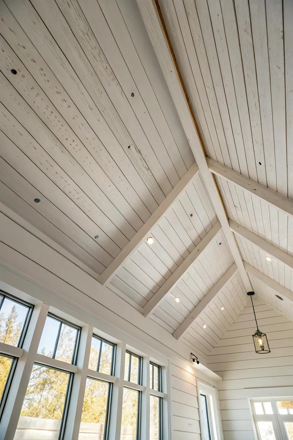 White shiplap ceiling for bright, clean farmhouse charm—makes small barn spaces feel taller.
