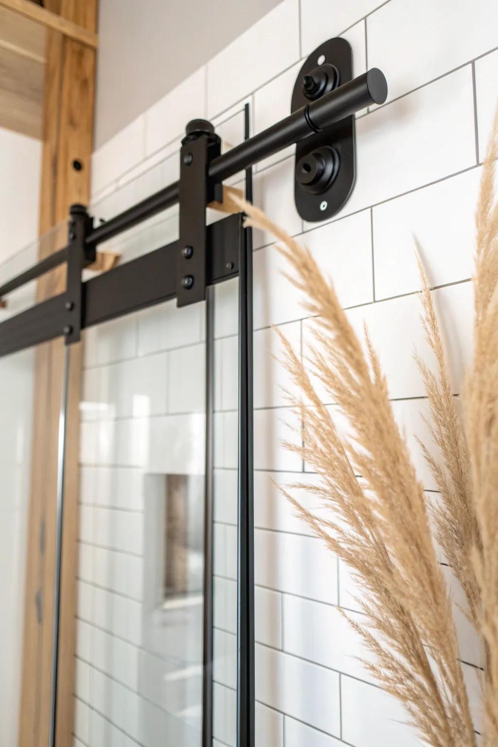 Matte black track hardware delivers bold contrast and modern farmhouse shower vibes.