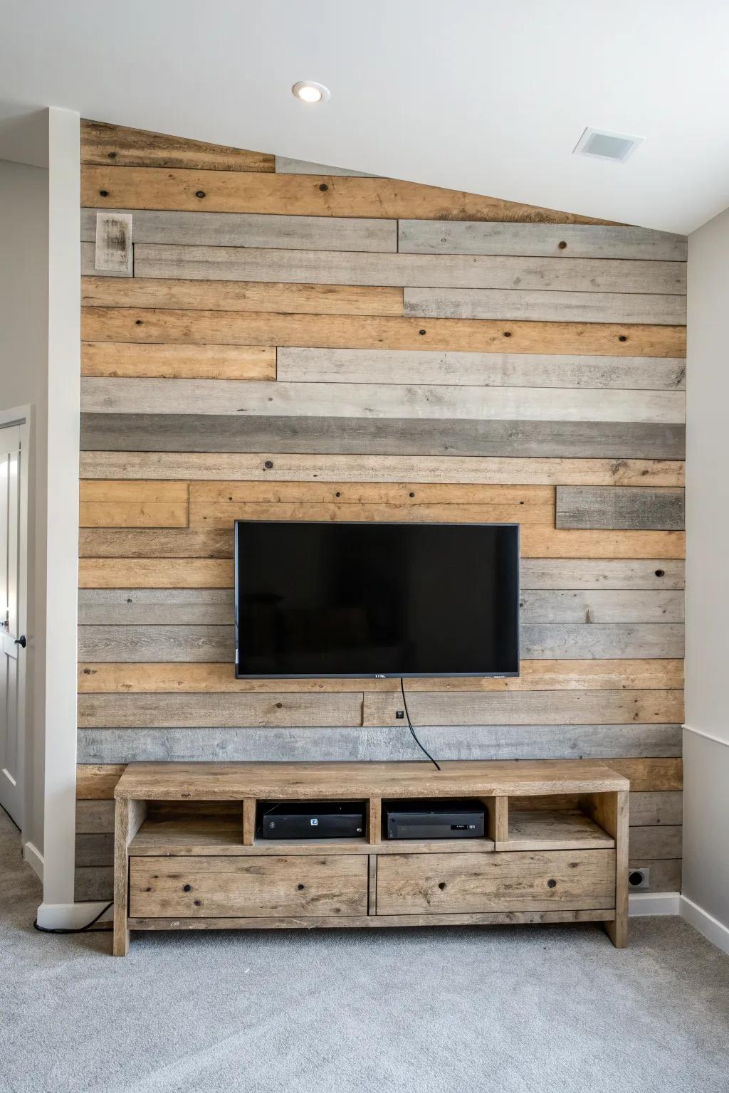 Reclaimed barn wood behind the TV adds warmth, hides cords, and makes the setup feel intentional.