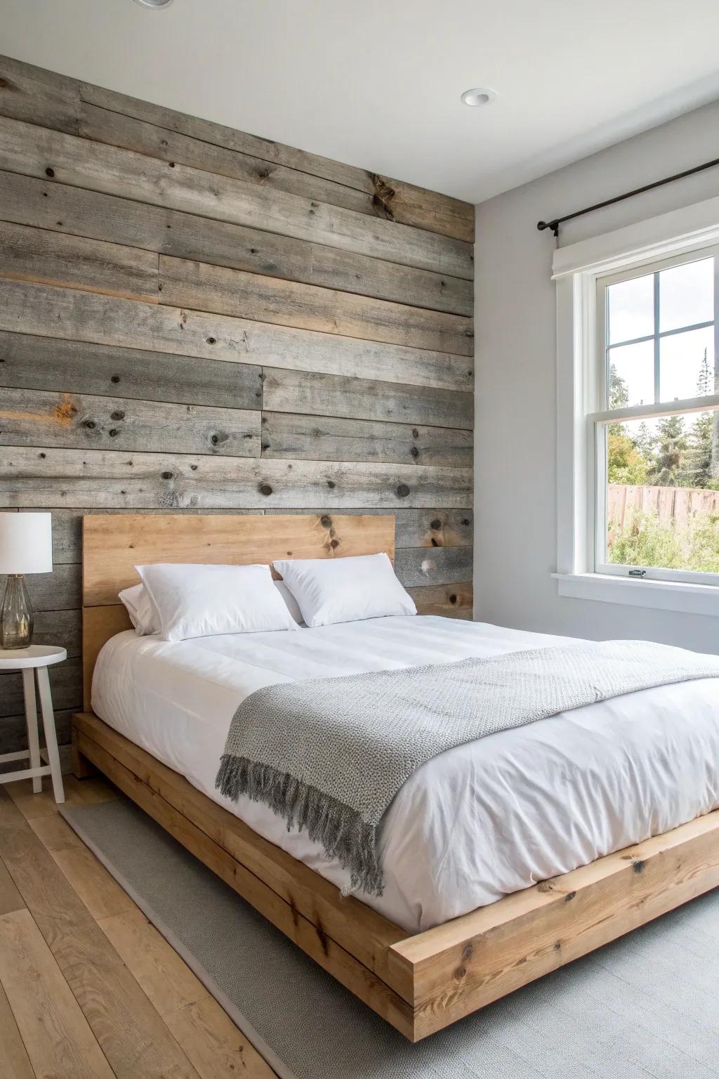 Barn wood feature wall behind the bed—weathered texture that makes crisp white linens pop.