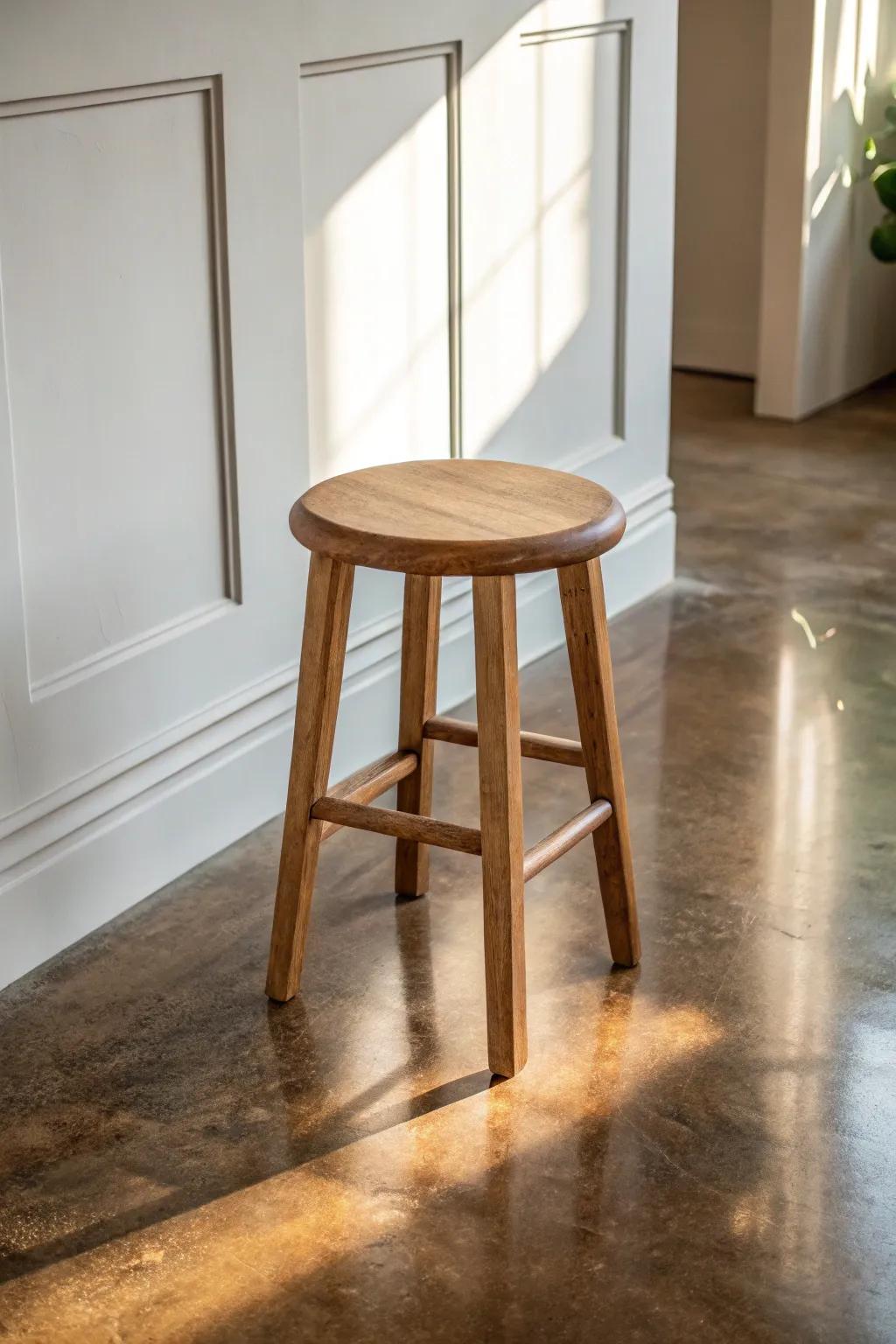 Caramel-stained concrete + a handcrafted oak stool—rustic warmth without the upkeep.