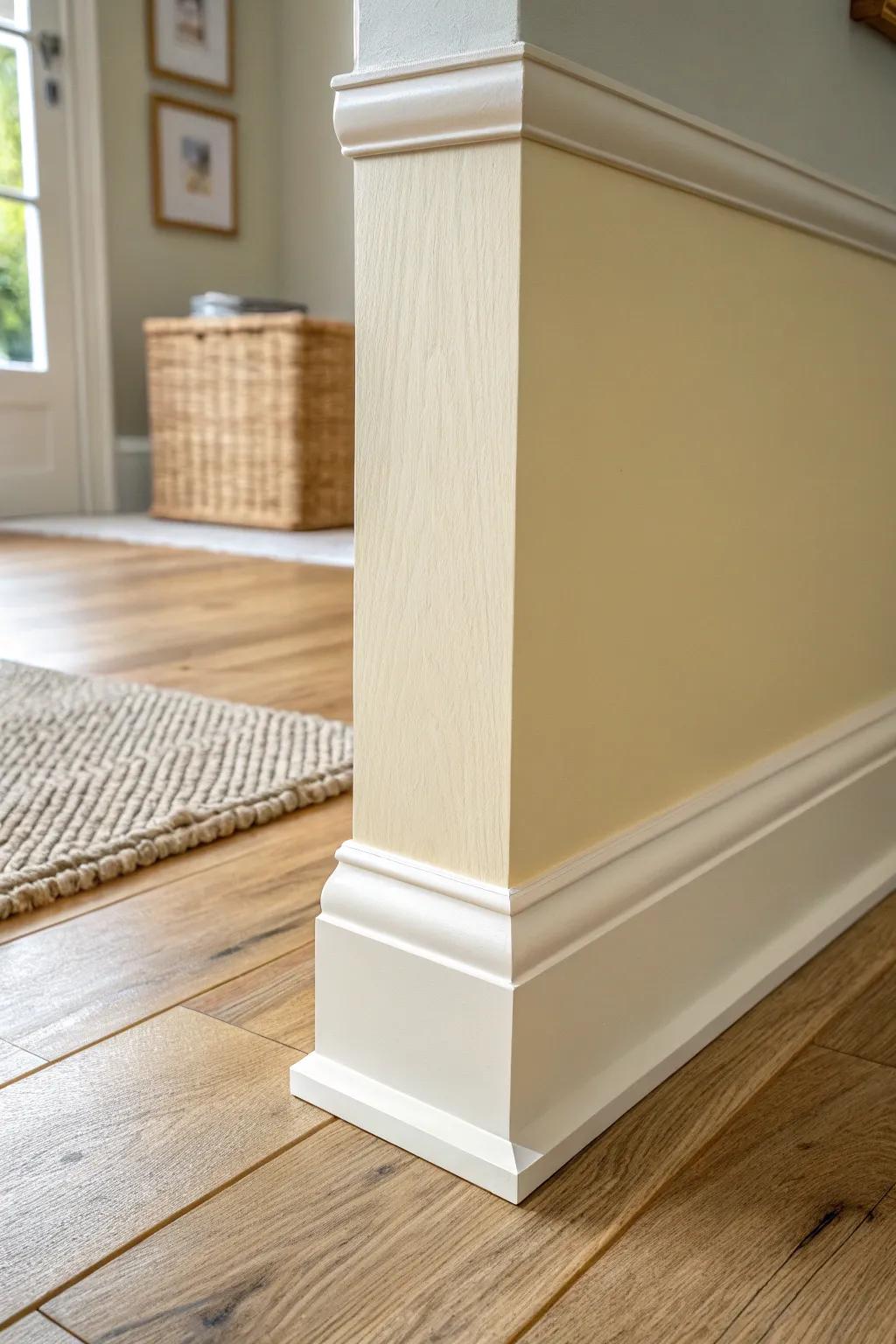 Soft cream baseboards that flatter warm woods—and hide scuffs with an easy, cozy glow.