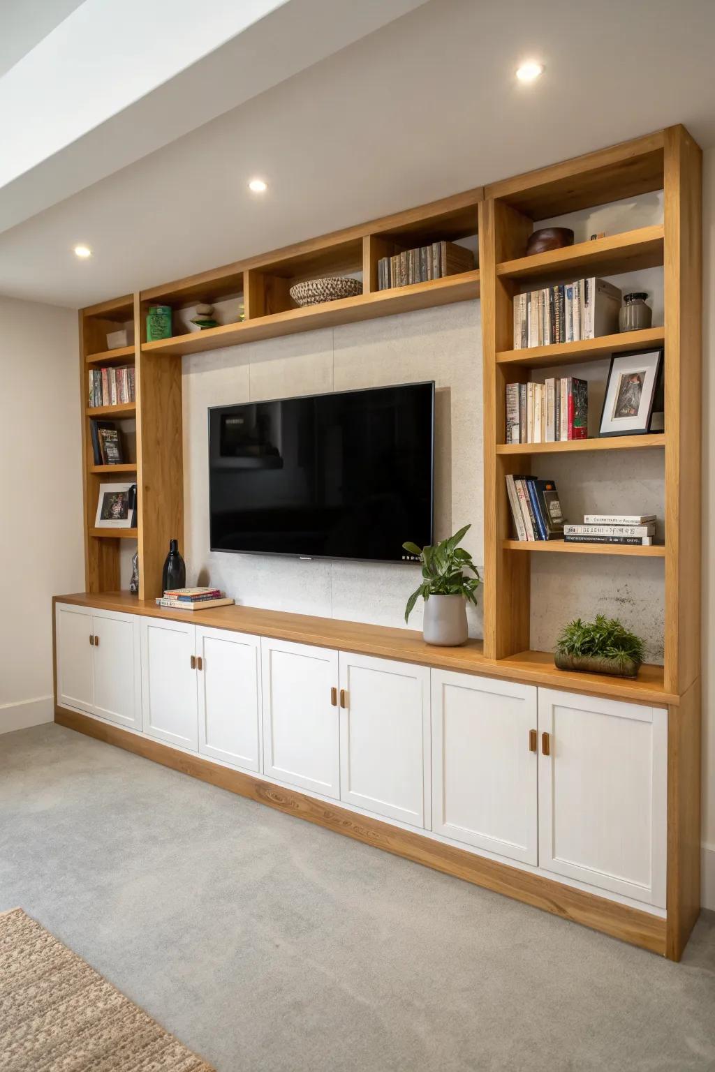 Built-in TV shelves with oak sides and sleek hidden cabinets—clean, cozy basement upgrade.