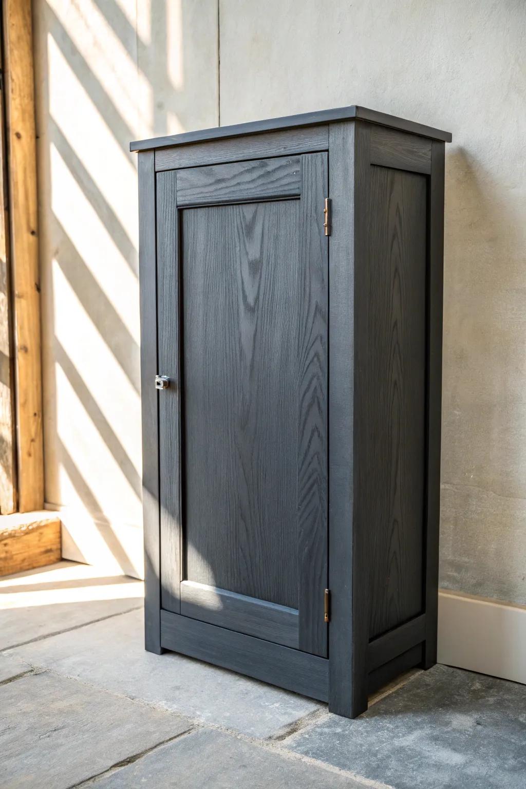 Moody charcoal Shaker cabinet door—timeless, scuff-friendly style for basement storage.