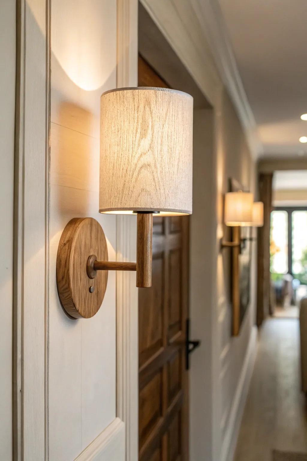 Layered wall sconce lighting turns a basement hallway from cave-like to calm and intentional.