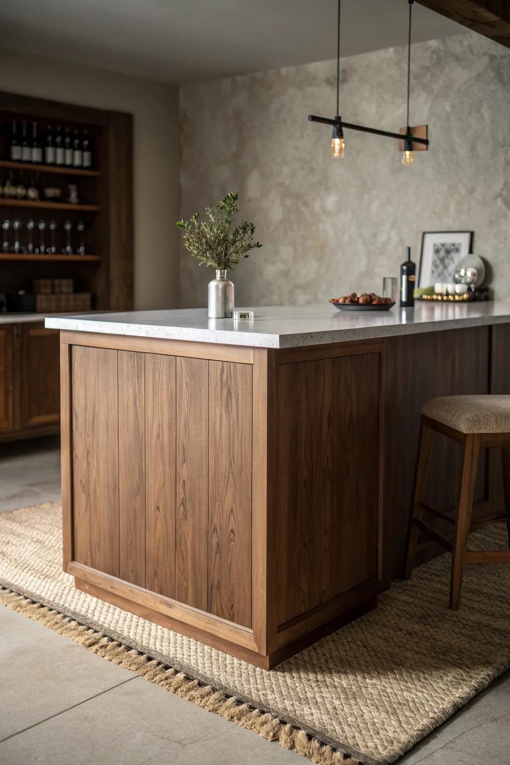 Warm walnut + a sleek waterfall countertop makes a basement bar island feel instantly luxe.