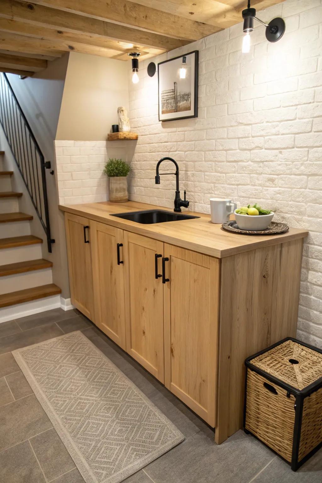 L-shaped basement kitchenette bar: warm oak, black sink detail, and a cozy serving corner.