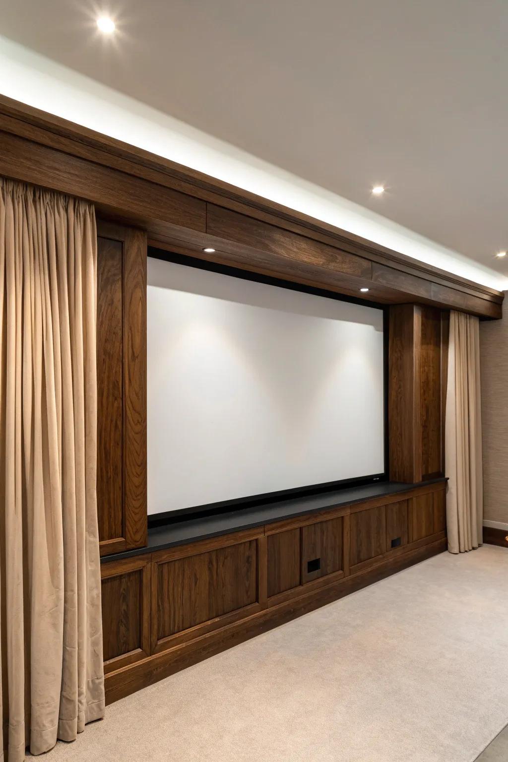 Dark walnut projector wall with linen blackout curtains—minimal, cozy basement theater style.