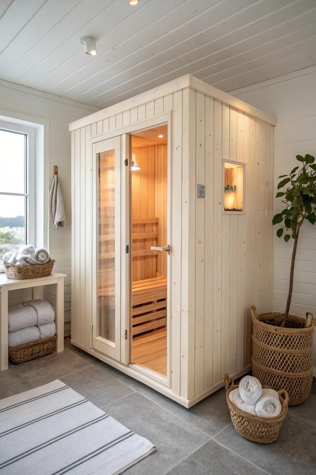A space-saving corner sauna that turns an unused basement nook into a warm wood retreat.