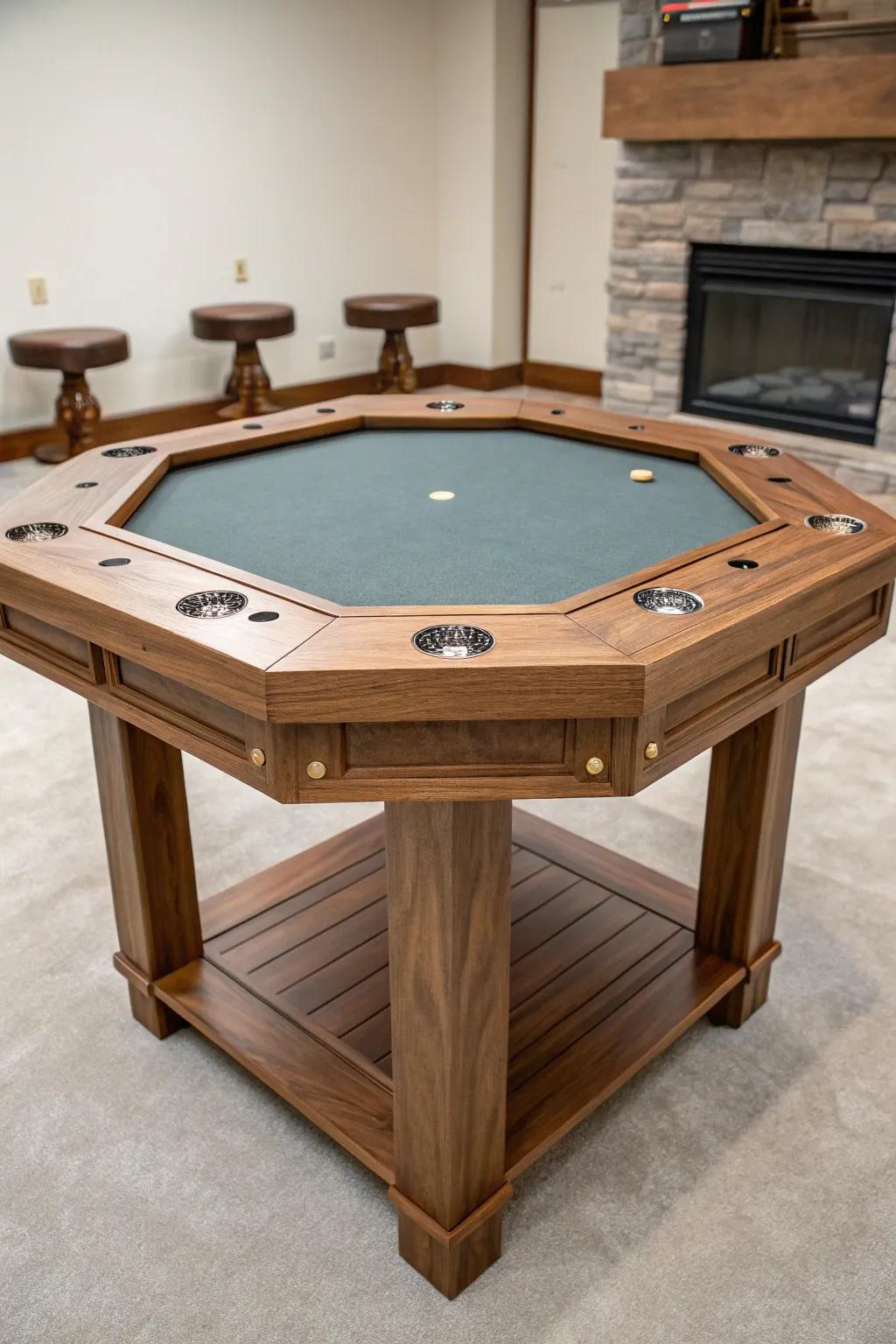 Octagon poker table with brass cup holders—crafted warmth that upgrades any basement game night.