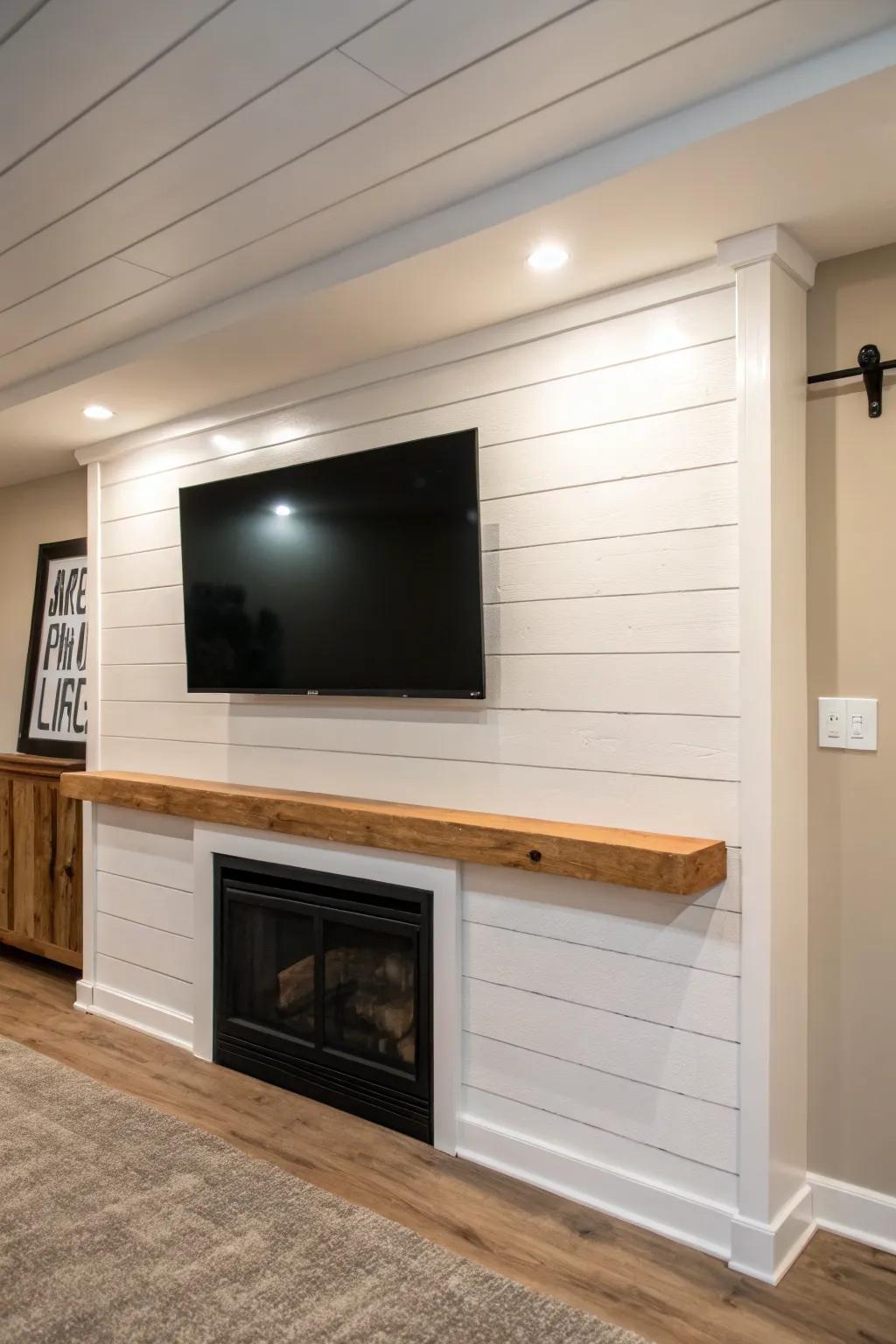 Warm-white shiplap from floor to ceiling makes a basement TV + fireplace wall feel bright and calm.