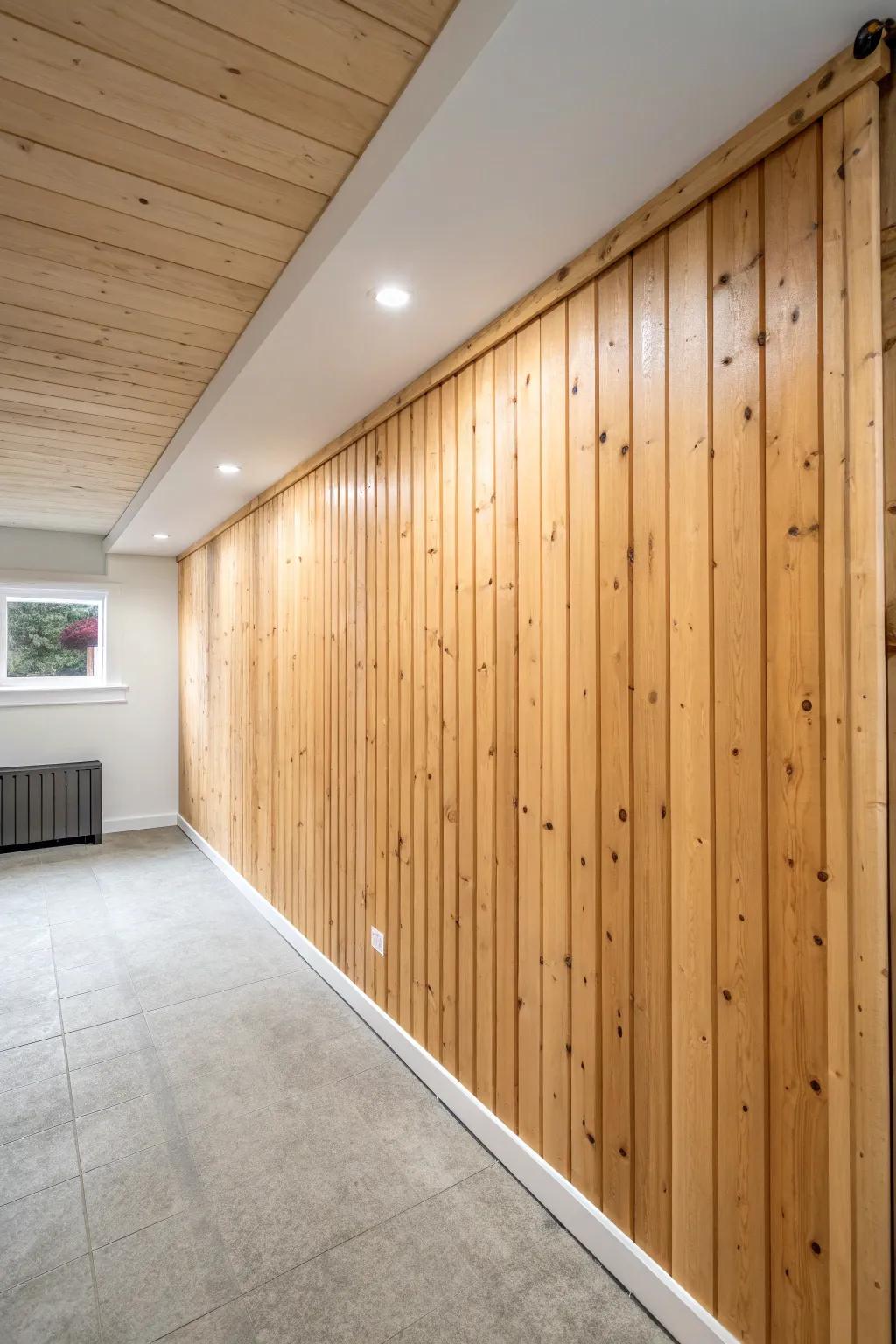 Vertical tongue-and-groove pine adds height and hides wonky basement concrete—clean and cozy.