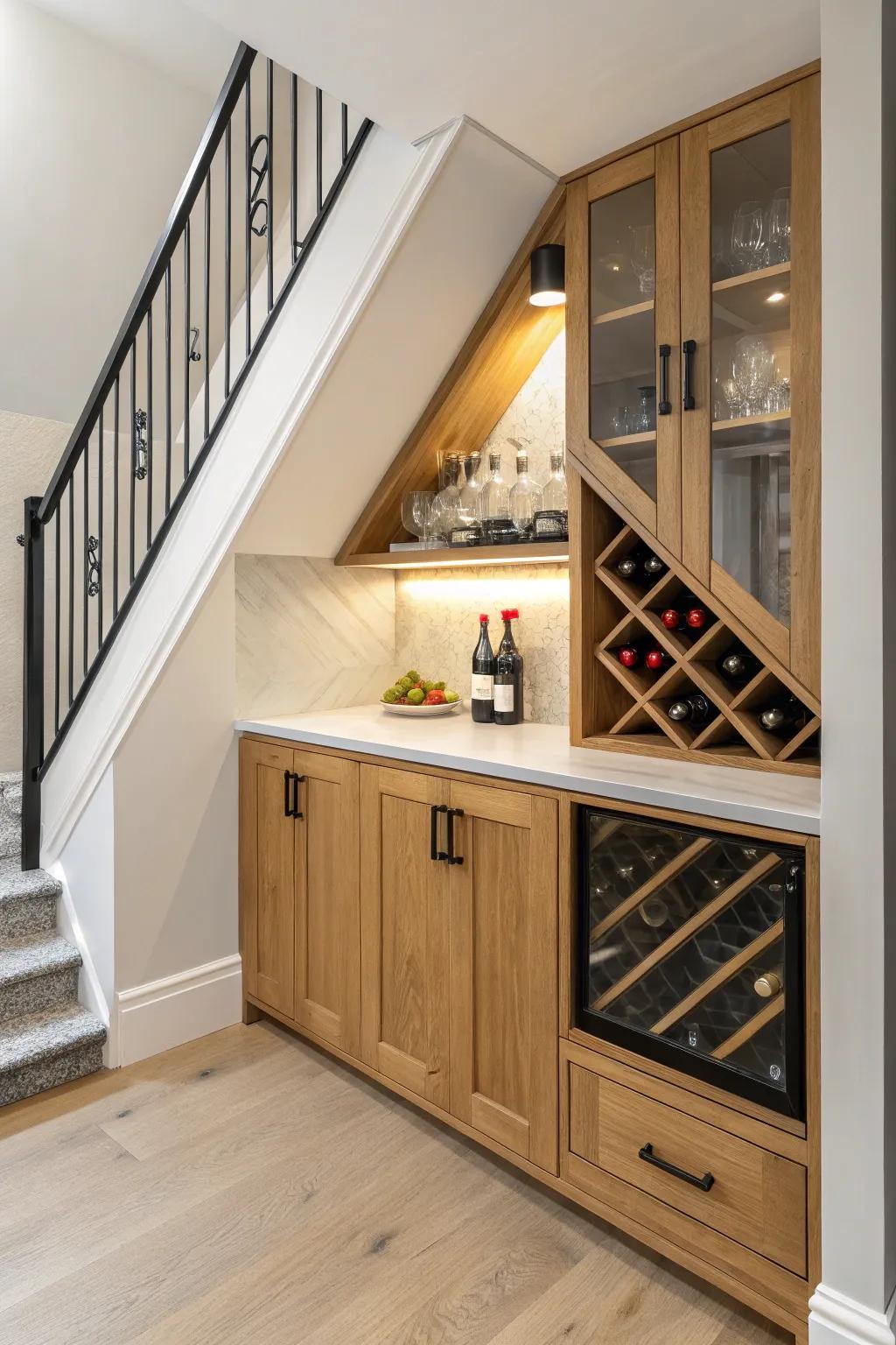 Turn under-stair dead space into a cozy wine nook with custom angled oak shelving.