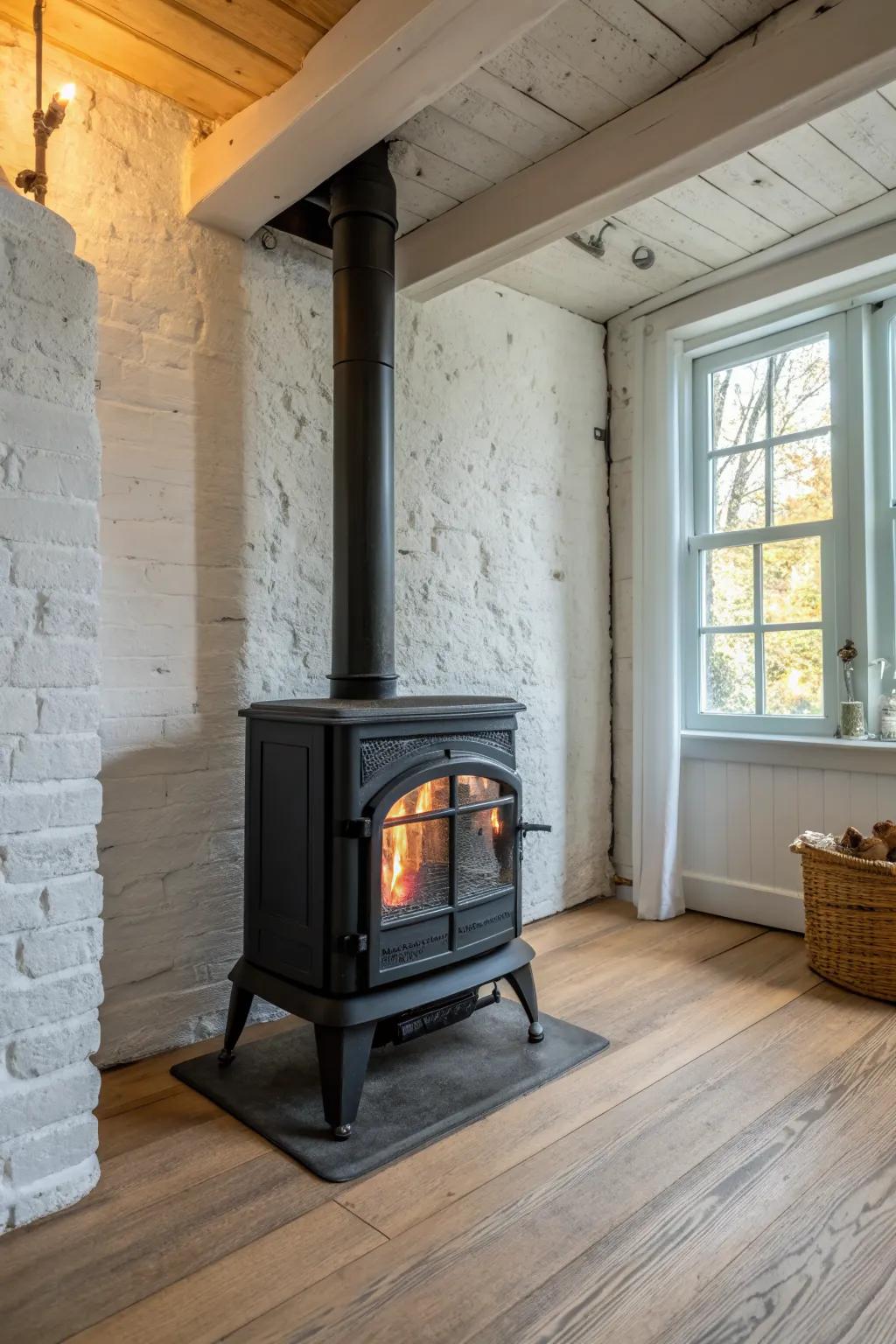 Limewashed brick + sleek wood stove = instant basement coziness with timeless Scandinavian calm.