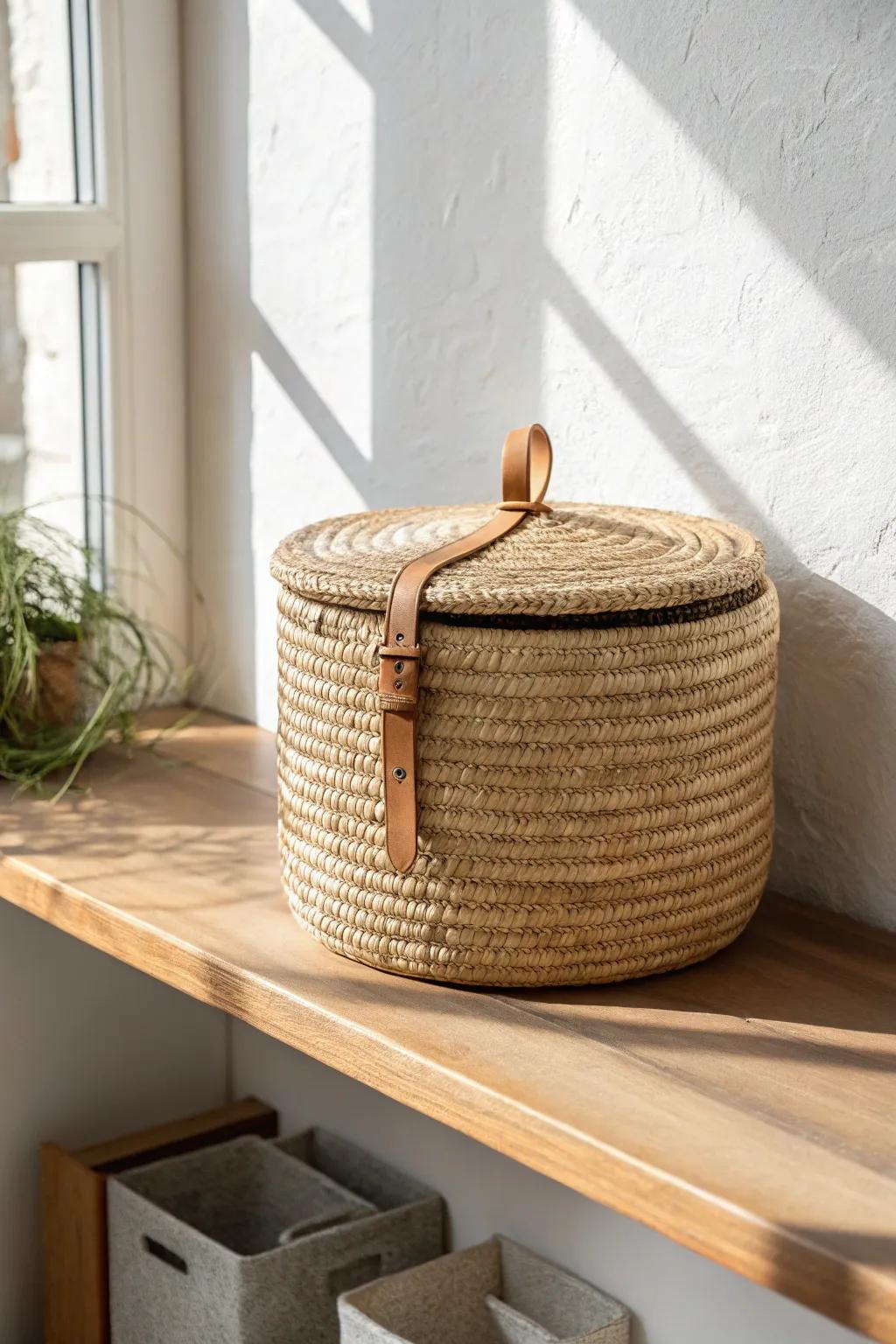 Handwoven lidded basket on oak shelf—hide clutter and keep your studio wall serene.