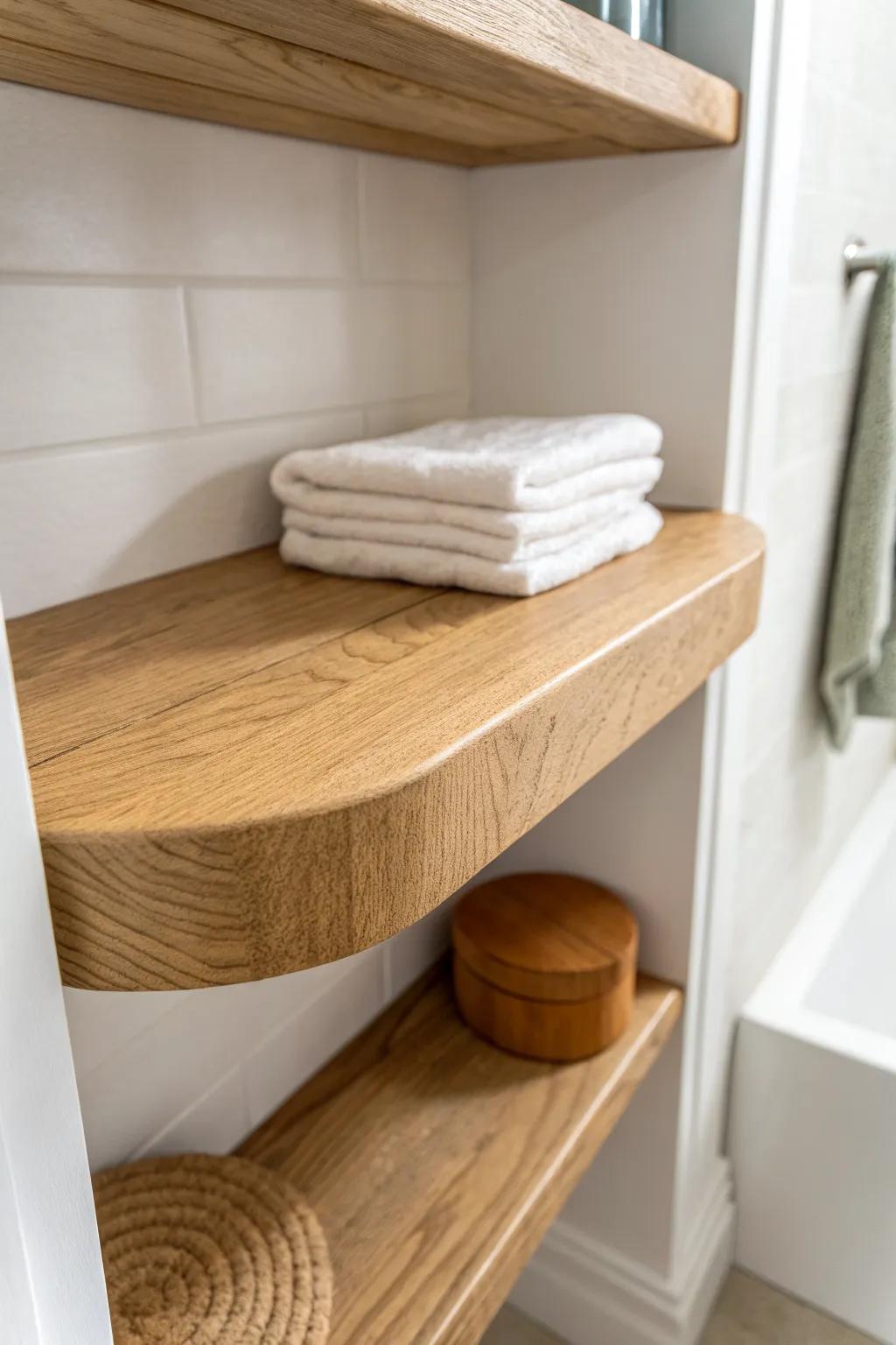 Chunky floating wood shelf for a calm, intentional bathroom closet—minimal, warm, humidity-ready.
