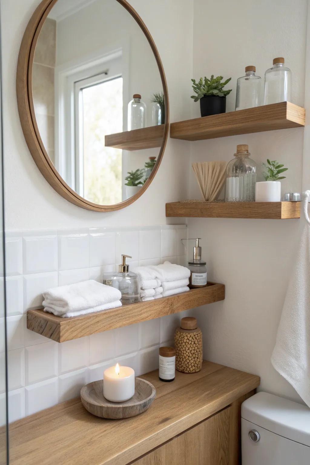 Two slim floating shelves beside the mirror—pretty storage for daily essentials, zero clutter.