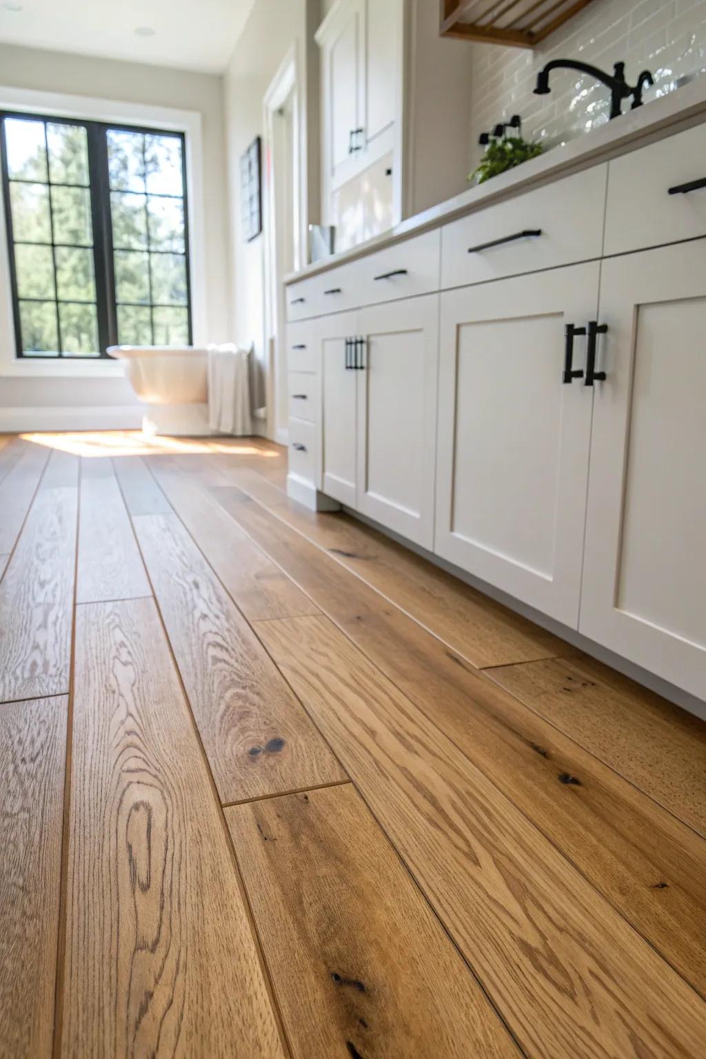 Warm wide-plank laminate turns a farmhouse bath calm and luxe—minimal seams, maximum glow.