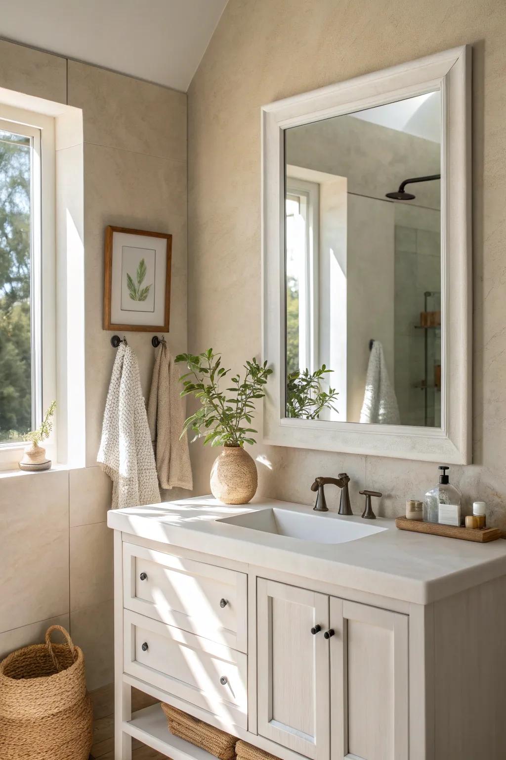 Crisp mitered casing trim adds a clean, classic border—painted to blend with the vanity.