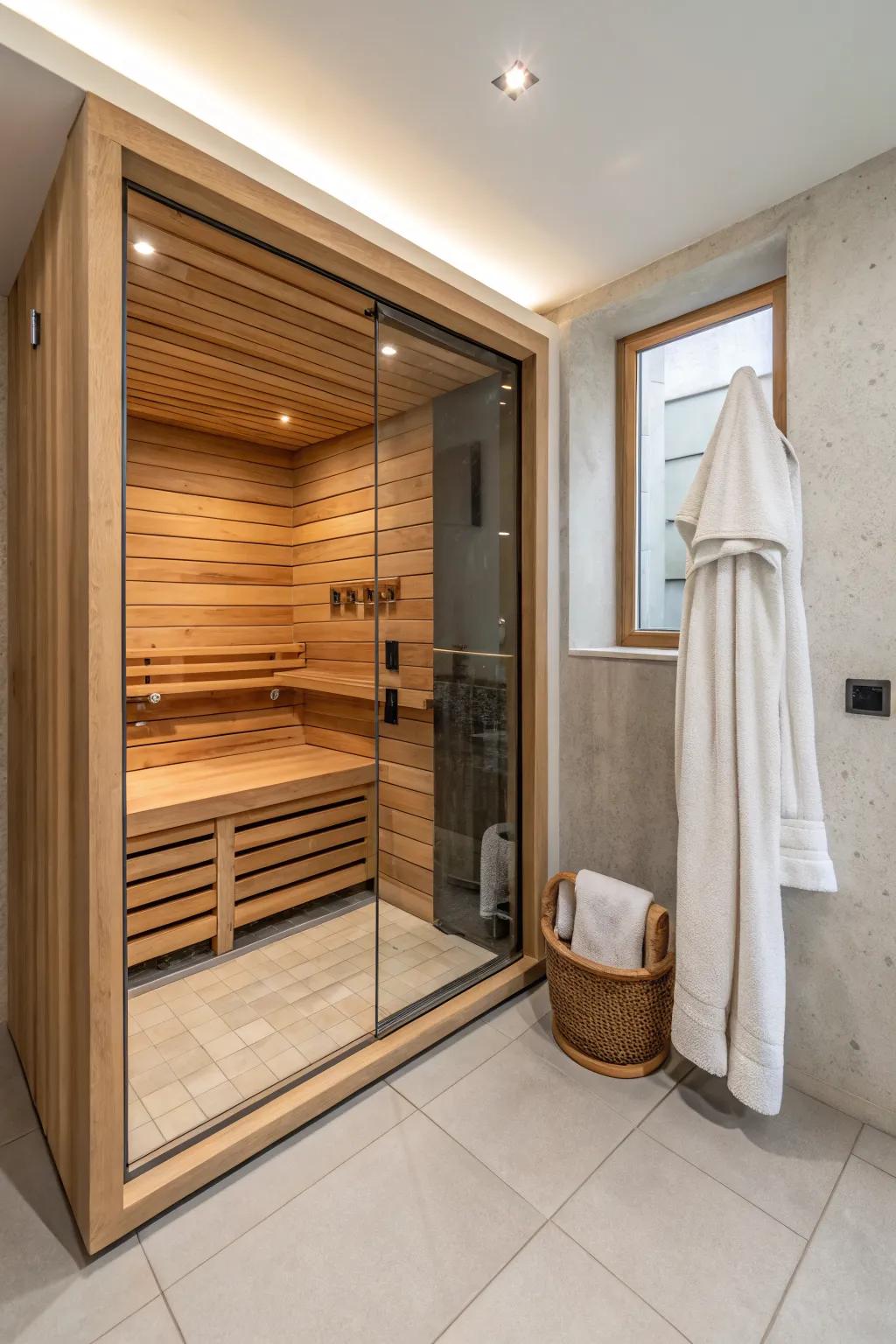 Swap the tub for a slim sauna alcove—warm cedar, clean lines, rinse-off-ready luxury.
