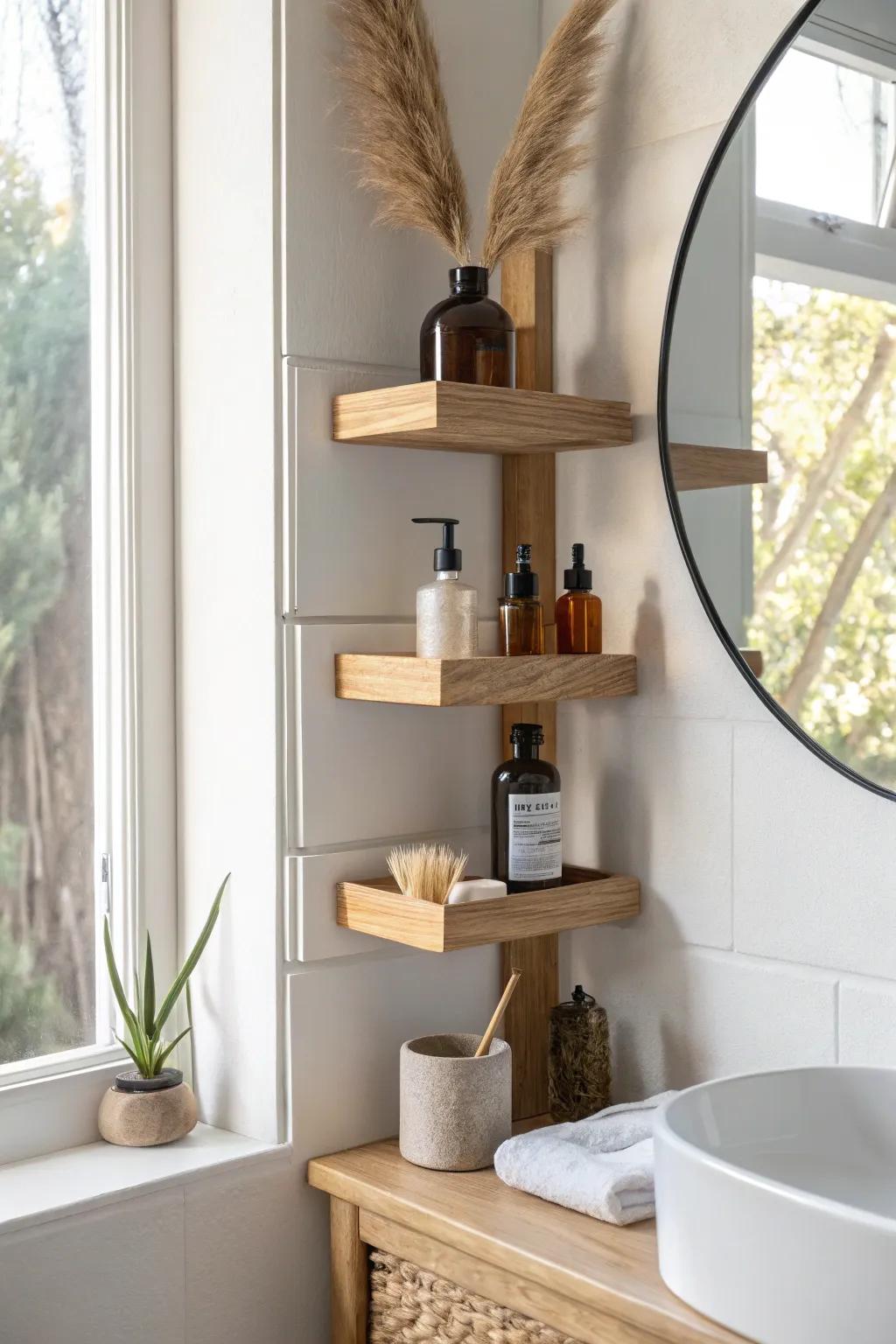 Two slim oak shelves beside the mirror keep everyday essentials close—without crowding the sink.