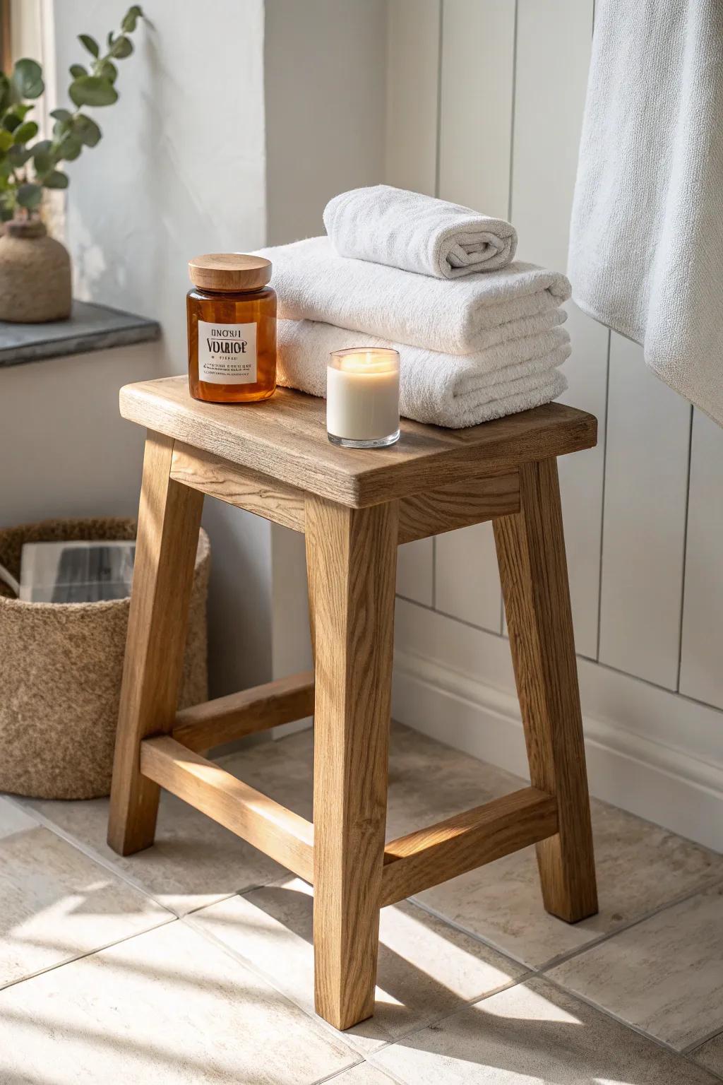 Rolled linen towels on a handmade oak stool—simple, cozy, and instantly spa-like.