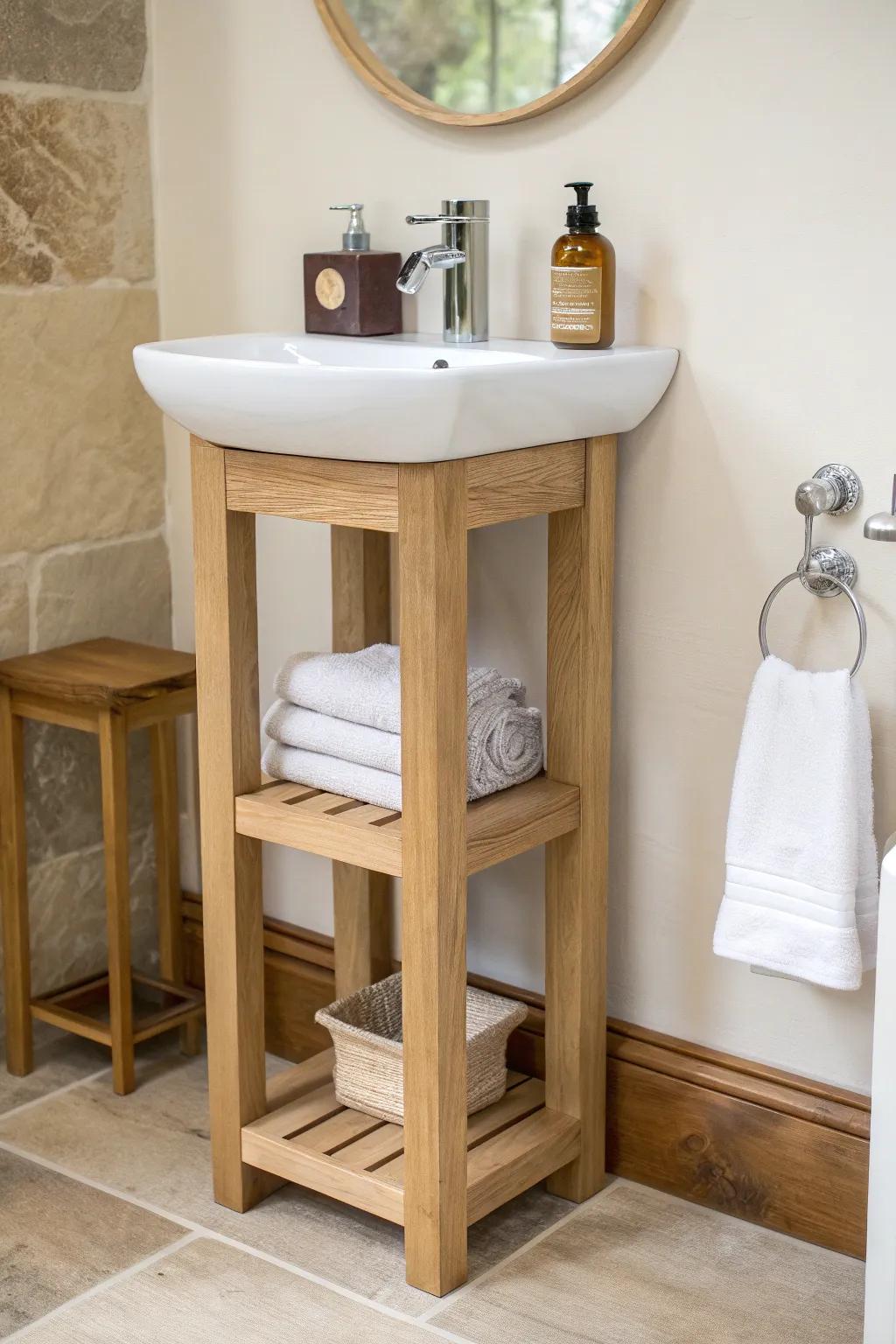 A slim oak table beside a pedestal sink adds storage for soap and spa-like rolled towels.