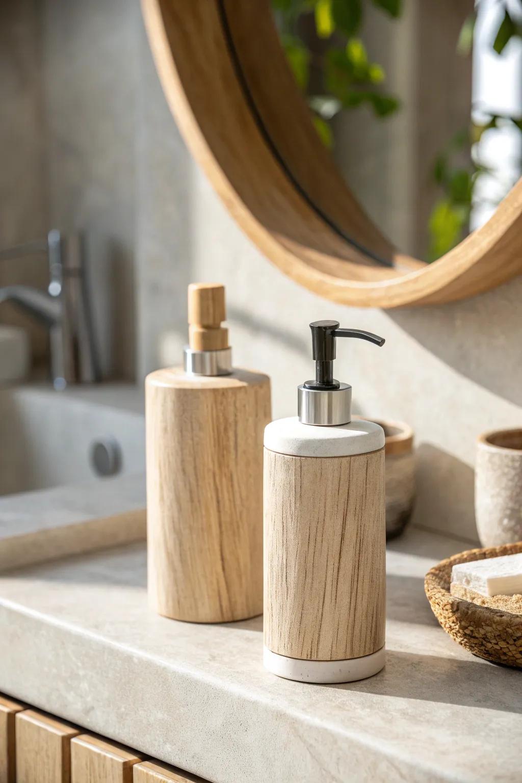 Swap mismatched bottles for matching dispensers—instant tidy, spa-like bathroom vanity.
