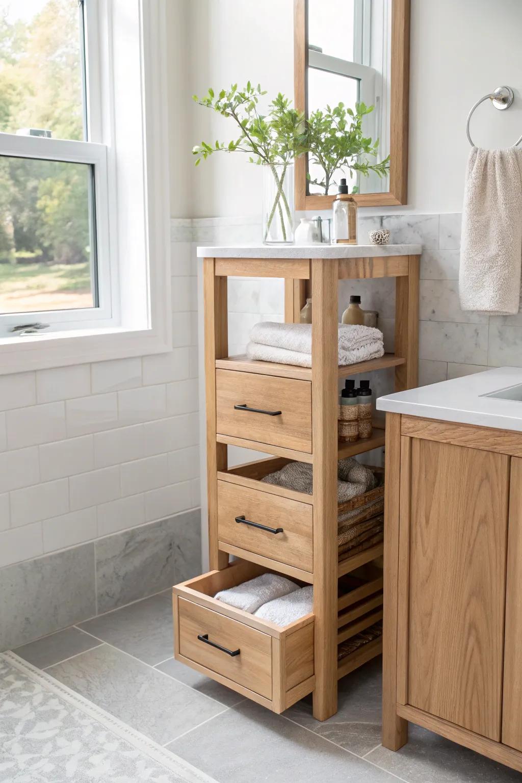 A slim countertop vanity tower with a backsplash notch—minimal, built-in look, big storage.