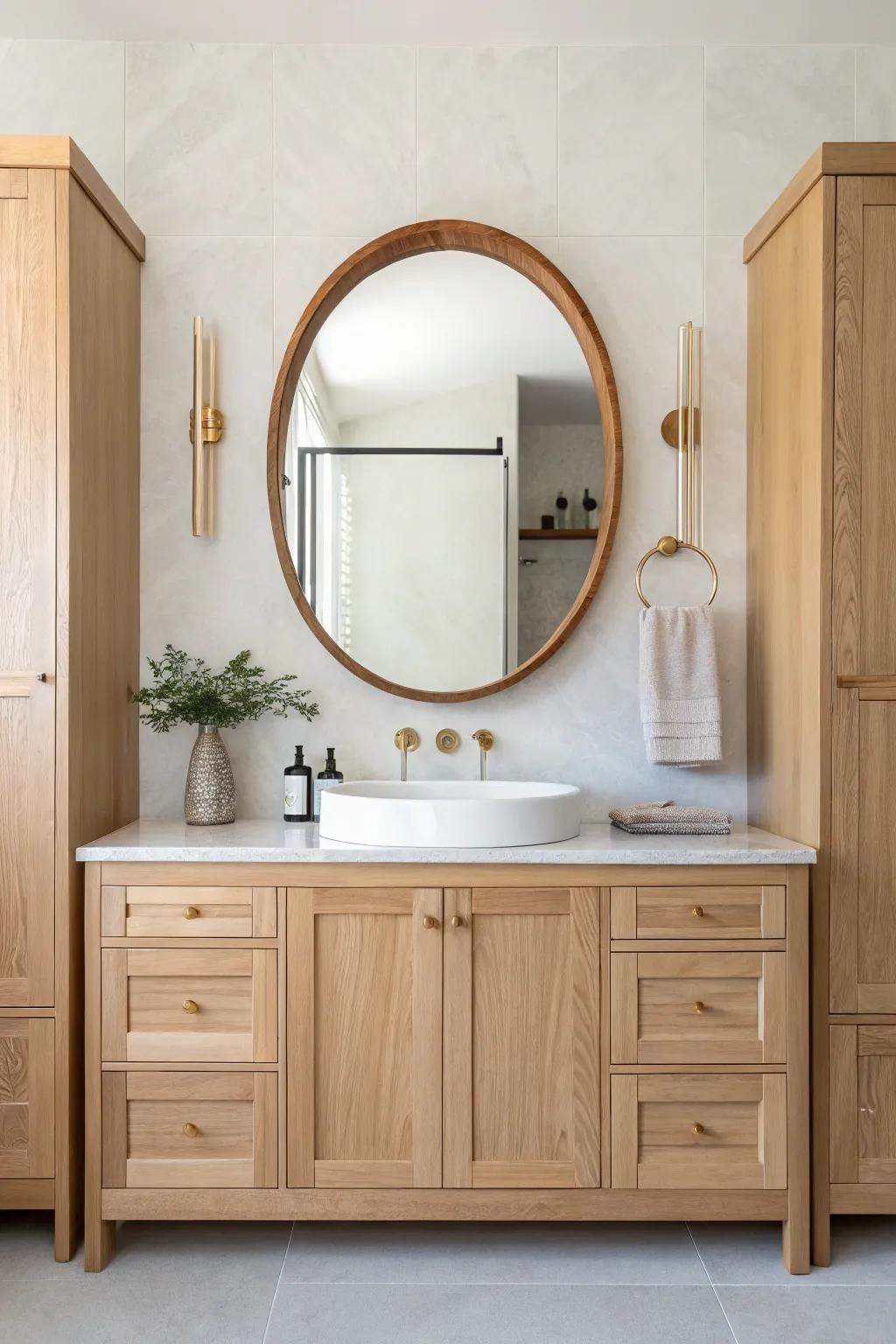 Slim side cabinet towers frame the mirror and hide everyday bathroom clutter in style.