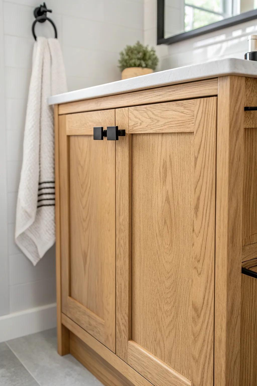 Warm oak vanity + matte black pull: the easiest swap for crisp, modern bathroom contrast.