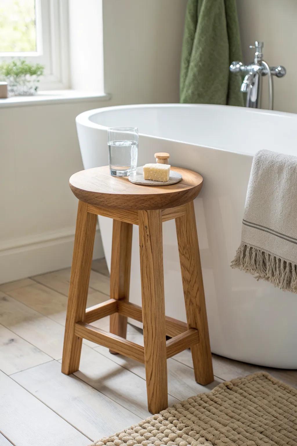 A sealed wooden stool makes the coziest bathtub side table—simple, sturdy, spa-like.
