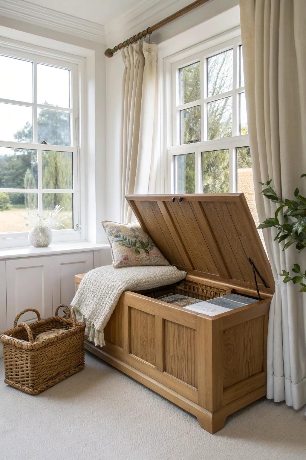 Light oak lift-top bay window bench—hidden storage that keeps the nook calm and clutter-free.