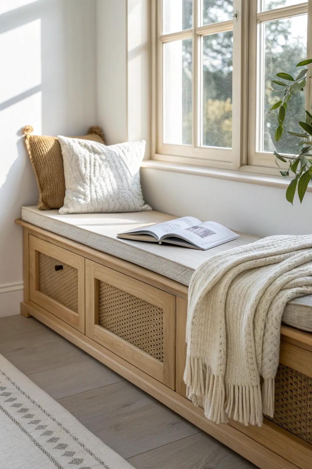 A sleek bay-window bench drawer hides extra blankets and books—soft-close storage in style.